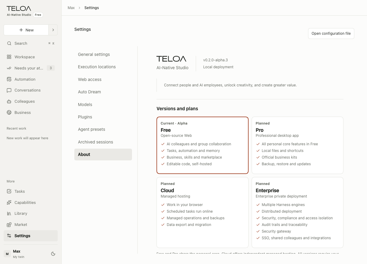 Teloa About, in English: review the current version, plans, and contact details. Sample data.