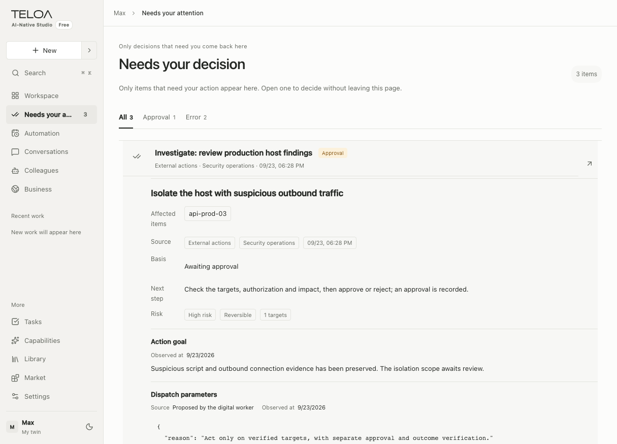 Teloa Needs you, in English: review approvals, missing information, and issues before deciding. Sample data.