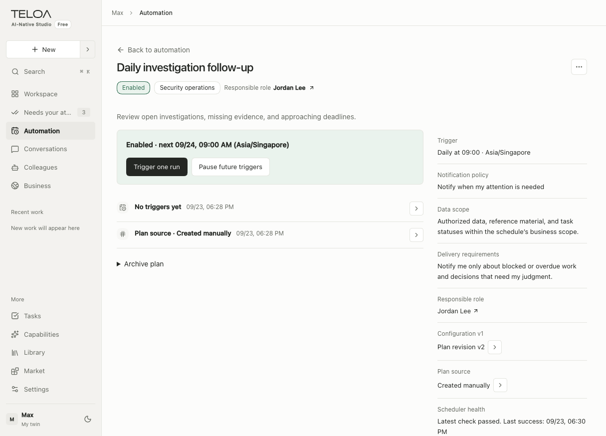 Teloa Automation, in English: schedule recurring work and review owners, deliverables, and run history. Sample data.