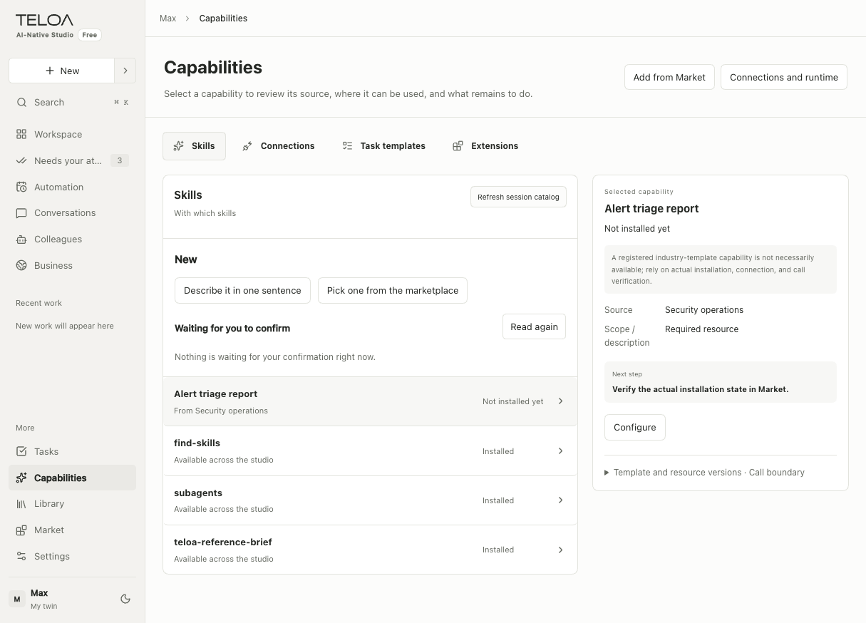Teloa Capabilities, in English: manage skills, connections, task templates, and extensions. Sample data.