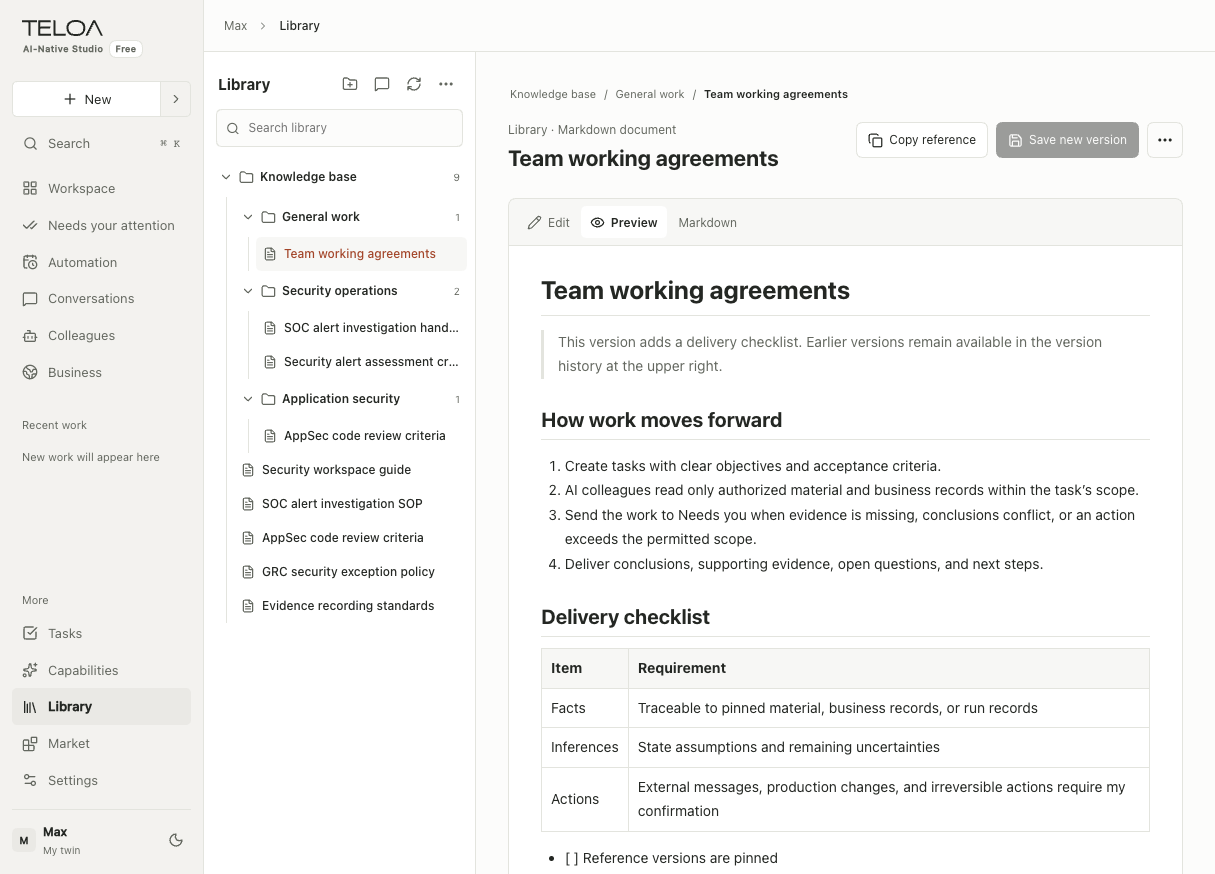 Teloa Knowledge, in English: manage reference documents, business scope, and versions. Sample data.